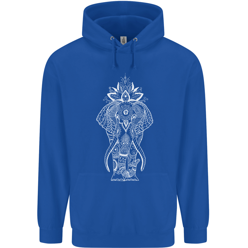 White Mandala Art Elephant Mens 80% Cotton Hoodie Royal Blue