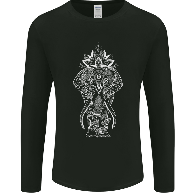 White Mandala Art Elephant Mens Long Sleeve T-Shirt Black