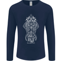 White Mandala Art Elephant Mens Long Sleeve T-Shirt Navy Blue