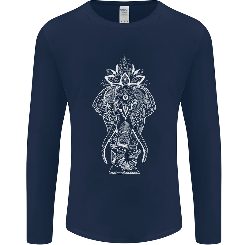 White Mandala Art Elephant Mens Long Sleeve T-Shirt Navy Blue