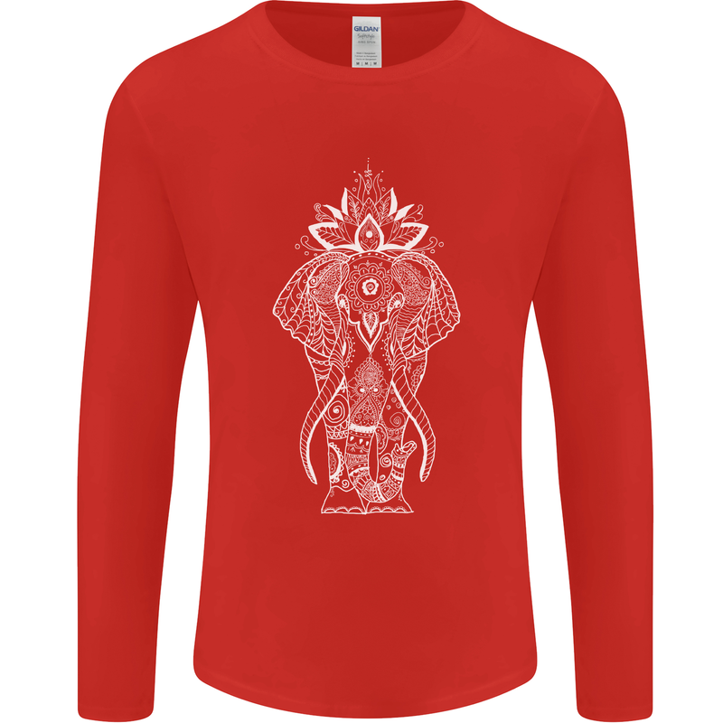 White Mandala Art Elephant Mens Long Sleeve T-Shirt Red