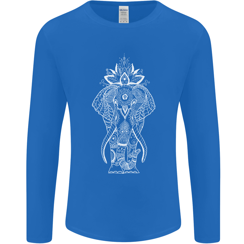 White Mandala Art Elephant Mens Long Sleeve T-Shirt Royal Blue