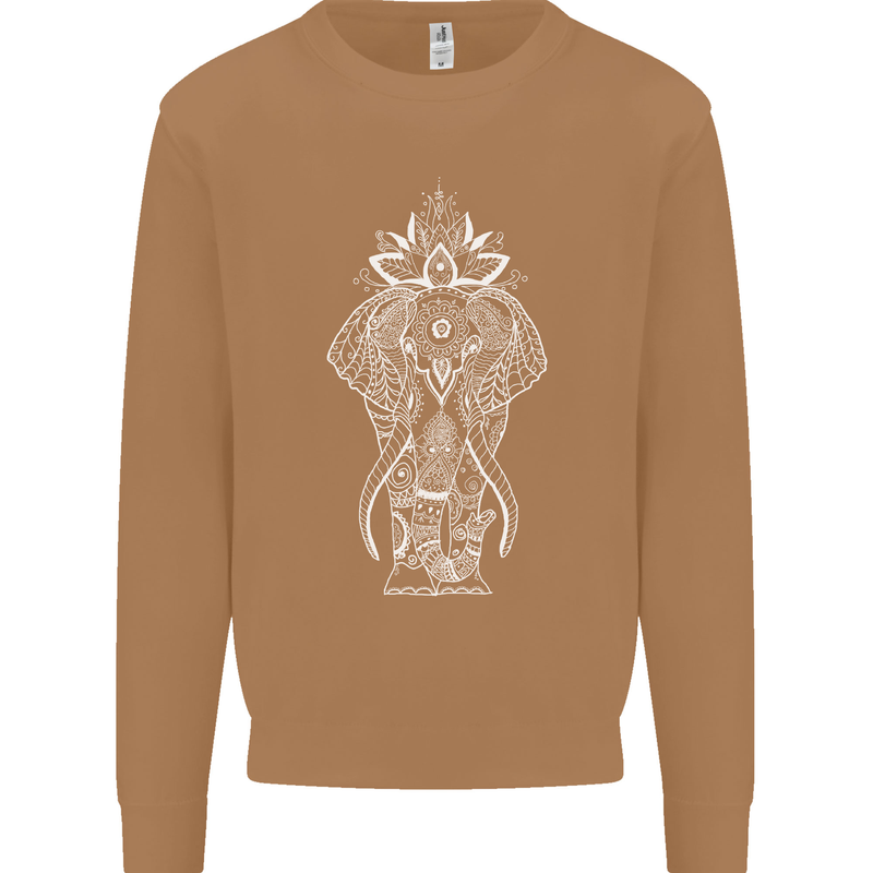 White Mandala Art Elephant Mens Sweatshirt Jumper Caramel Latte