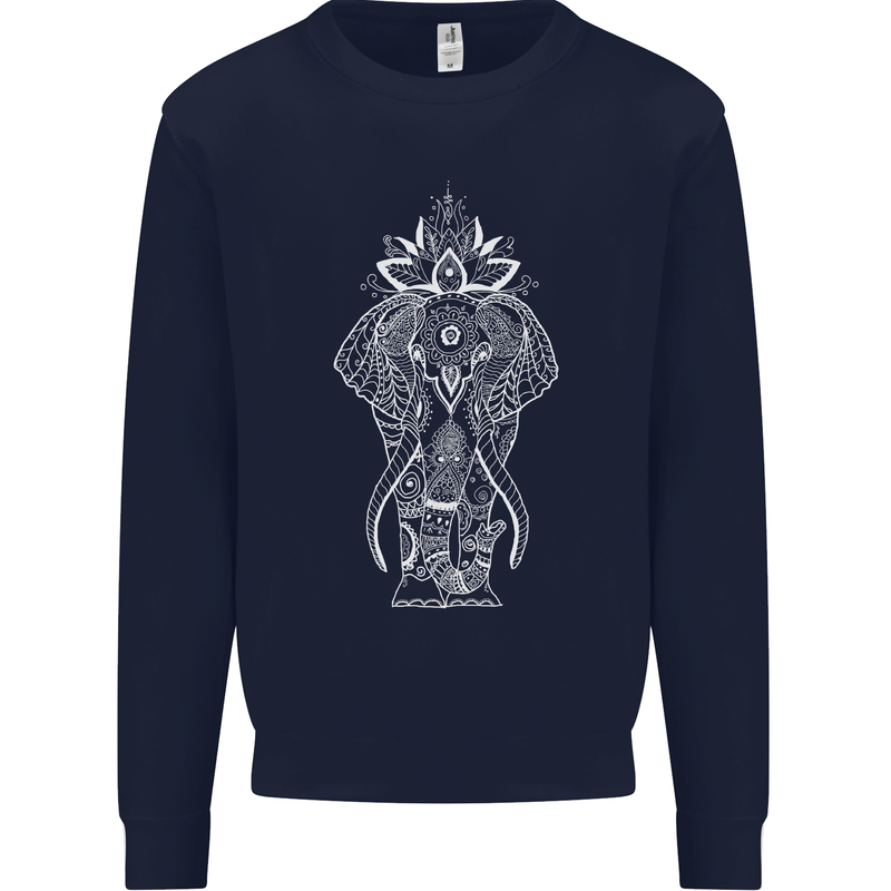 White Mandala Art Elephant Mens Sweatshirt Jumper Navy Blue
