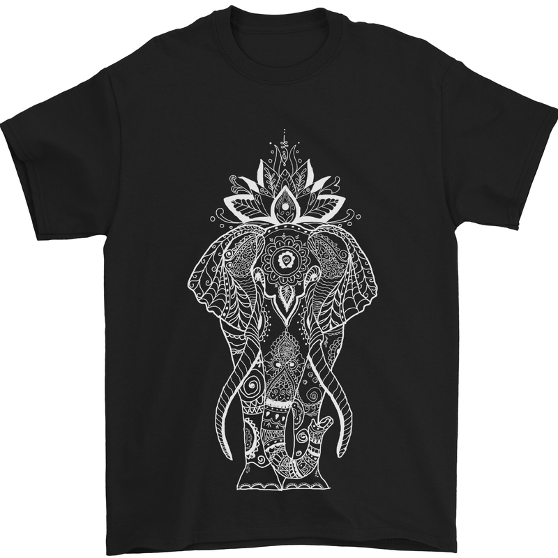 White Mandala Art Elephant Mens T-Shirt Cotton Gildan Black