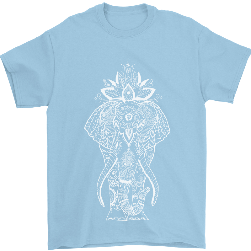 White Mandala Art Elephant Mens T-Shirt Cotton Gildan Light Blue