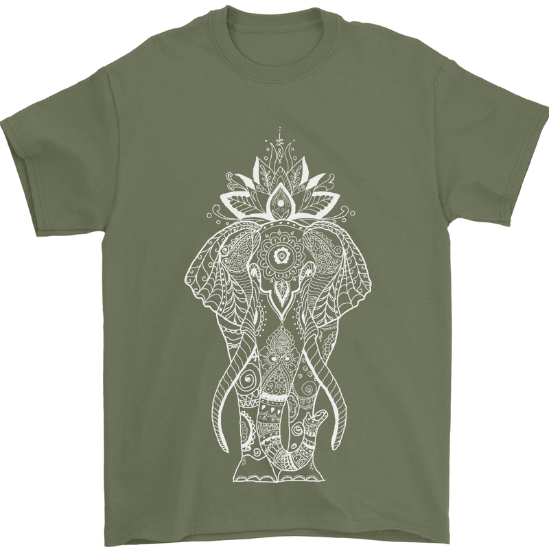 White Mandala Art Elephant Mens T-Shirt Cotton Gildan Military Green