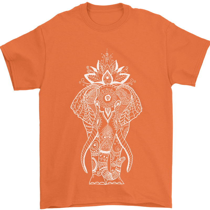 White Mandala Art Elephant Mens T-Shirt Cotton Gildan Orange