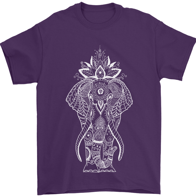 White Mandala Art Elephant Mens T-Shirt Cotton Gildan Purple