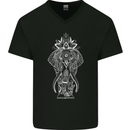 White Mandala Art Elephant Mens V-Neck Cotton T-Shirt Black