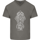 White Mandala Art Elephant Mens V-Neck Cotton T-Shirt Charcoal