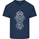 White Mandala Art Elephant Mens V-Neck Cotton T-Shirt Navy Blue
