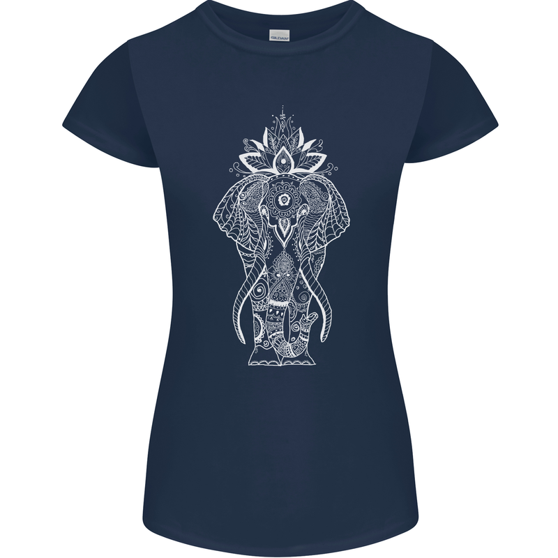 White Mandala Art Elephant Womens Petite Cut T-Shirt Navy Blue