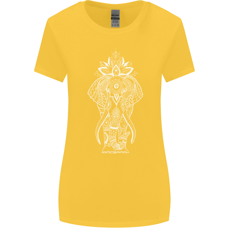 White Mandala Art Elephant Womens Wider Cut T-Shirt Yellow