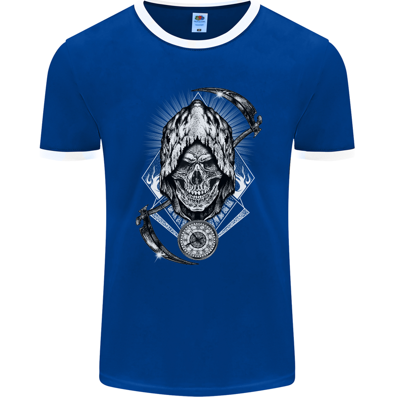 Grim Reaper Time Biker Skull Rock Music Mens Ringer T-Shirt FotL Royal Blue/White