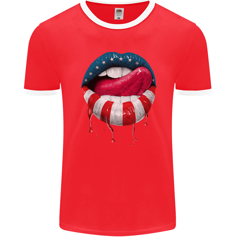 Sexy USA Flag Lips America July 4th Mens Ringer T-Shirt FotL Red/White