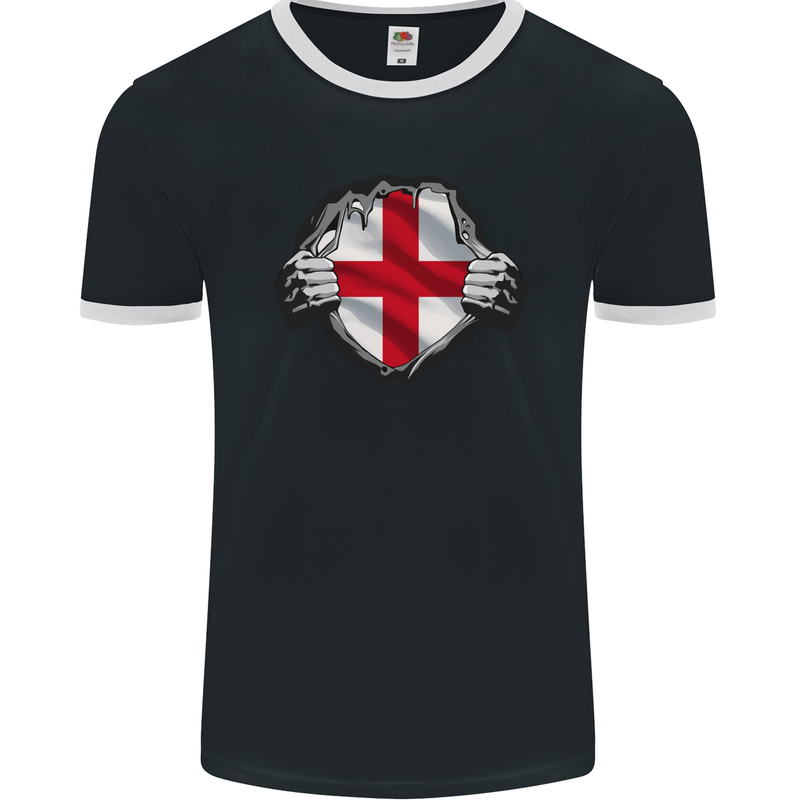 England St Georges Day Flag Gym Ripped Torn Mens Ringer T-Shirt FotL Black/White