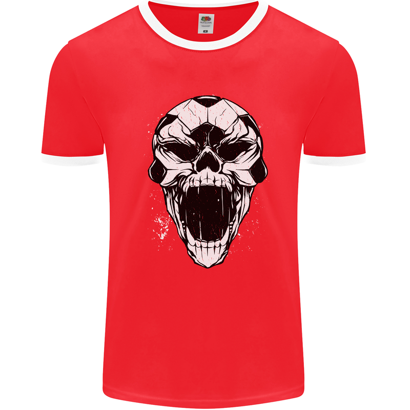 A Football Skull Soccer Footy Mens White Ringer T-Shirt Red/White