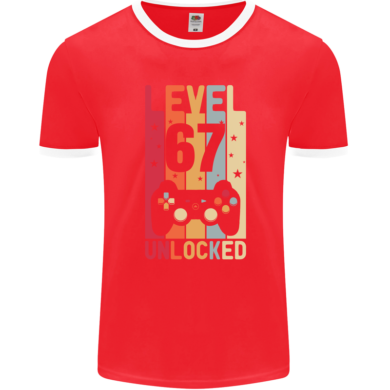 67th Birthday 67 Year Old Level Up Gamming Mens Ringer T-Shirt FotL Red/White