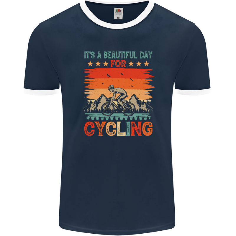 Cycling Day Funny Cyclist Bicycle MTB Bike Mens Ringer T-Shirt FotL Navy Blue/White