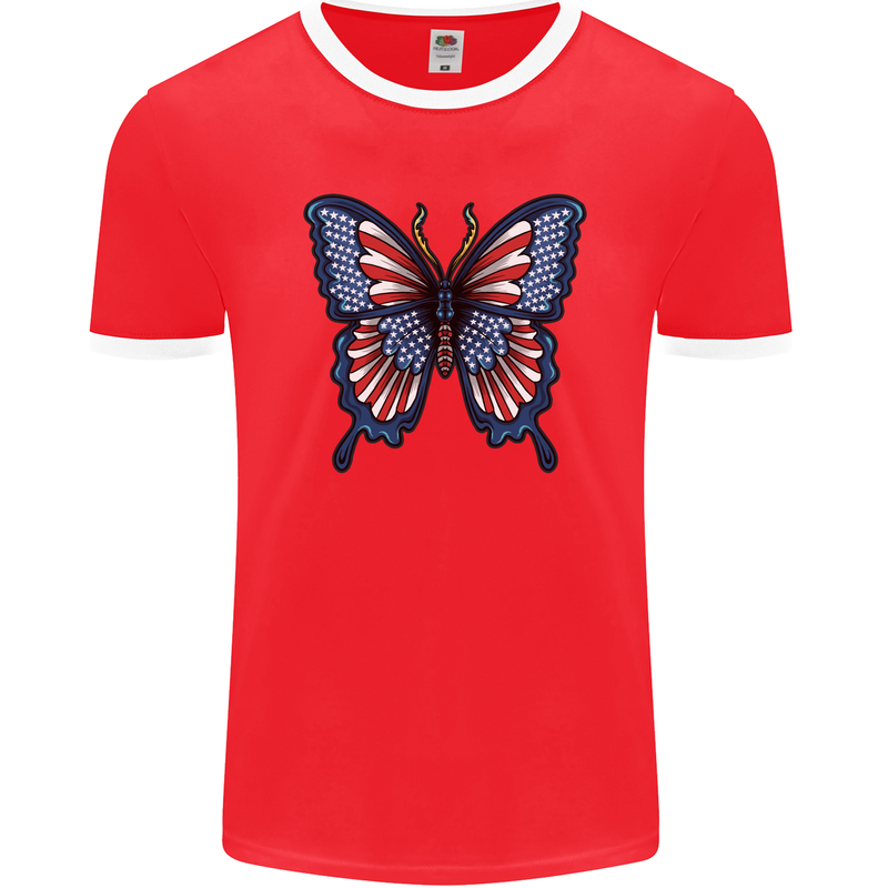 American Butterfly Flag USA July 4th Mens Ringer T-Shirt FotL Red/White