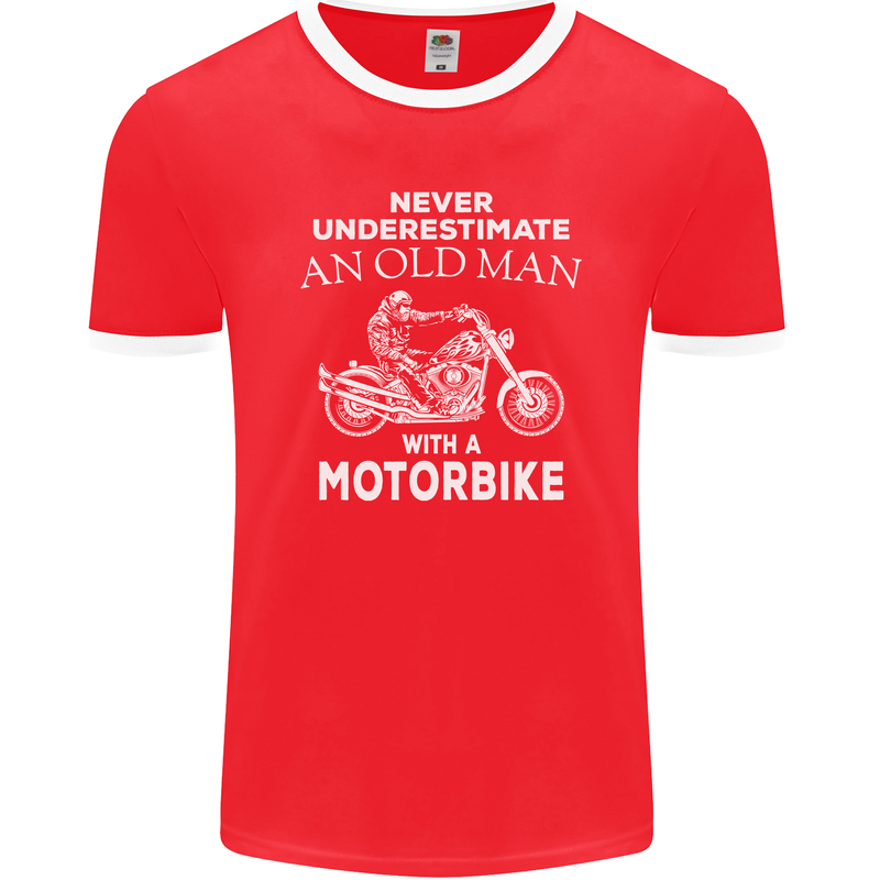 Biker Old Man Motorbike Motorcycle Funny Mens Ringer T-Shirt FotL Red/White