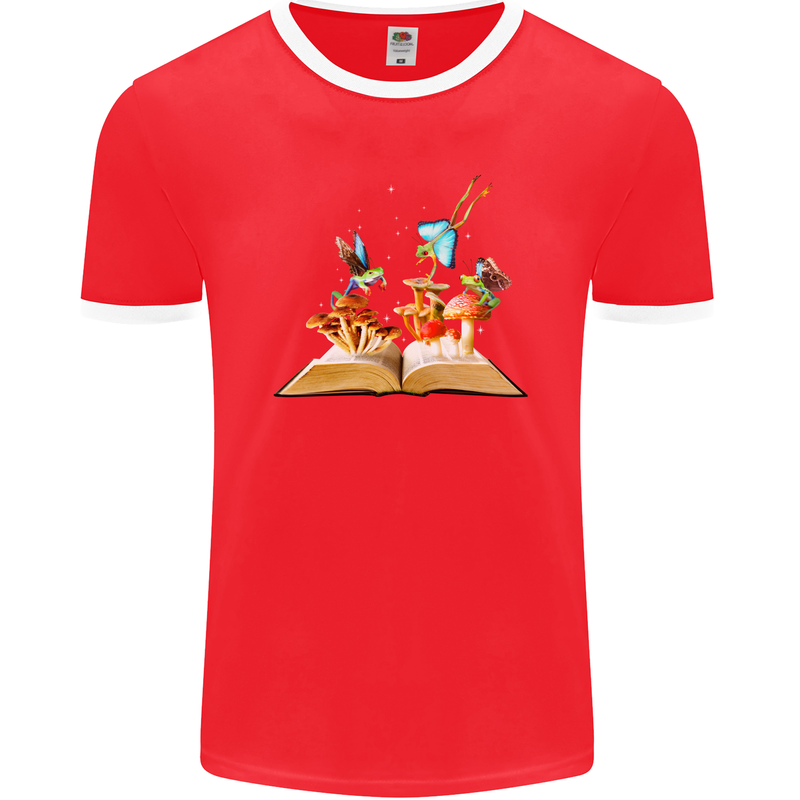 Trippy Nature Book Magic Mushrooms LSD Mens Ringer T-Shirt FotL Red/White