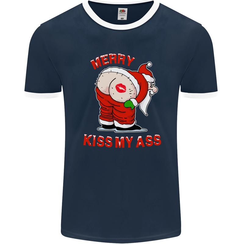 Merry Kiss My Ass Funny Christmas Mens Ringer T-Shirt FotL Navy Blue/White