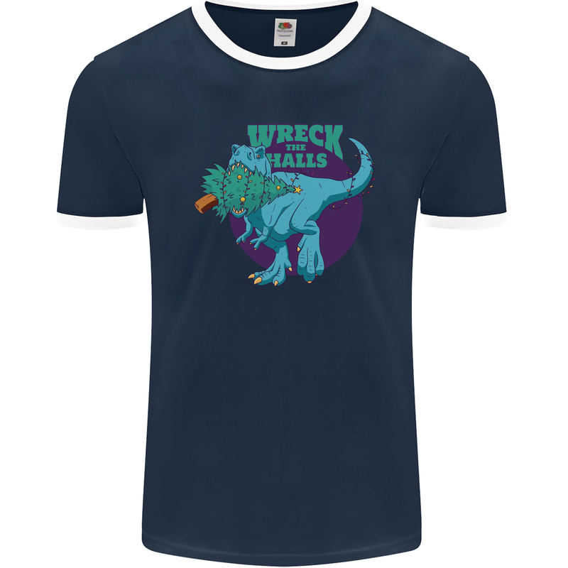 T-Rex Ruining Christmas Wreck the Halls Mens Ringer T-Shirt FotL Navy Blue/White