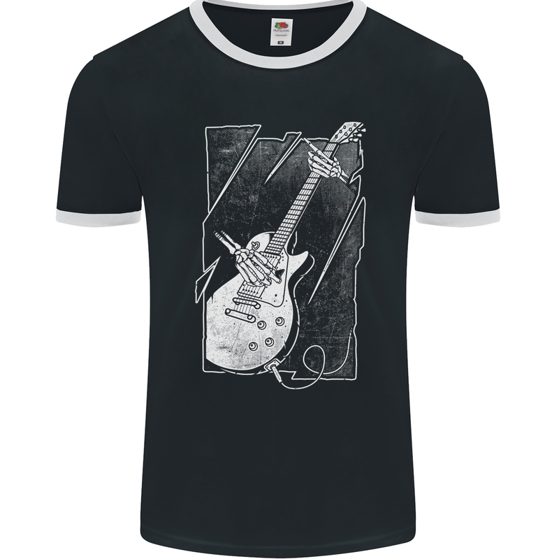 Skeleton Playing Guitar Guitarist Electric Mens Ringer T-Shirt FotL Black/White