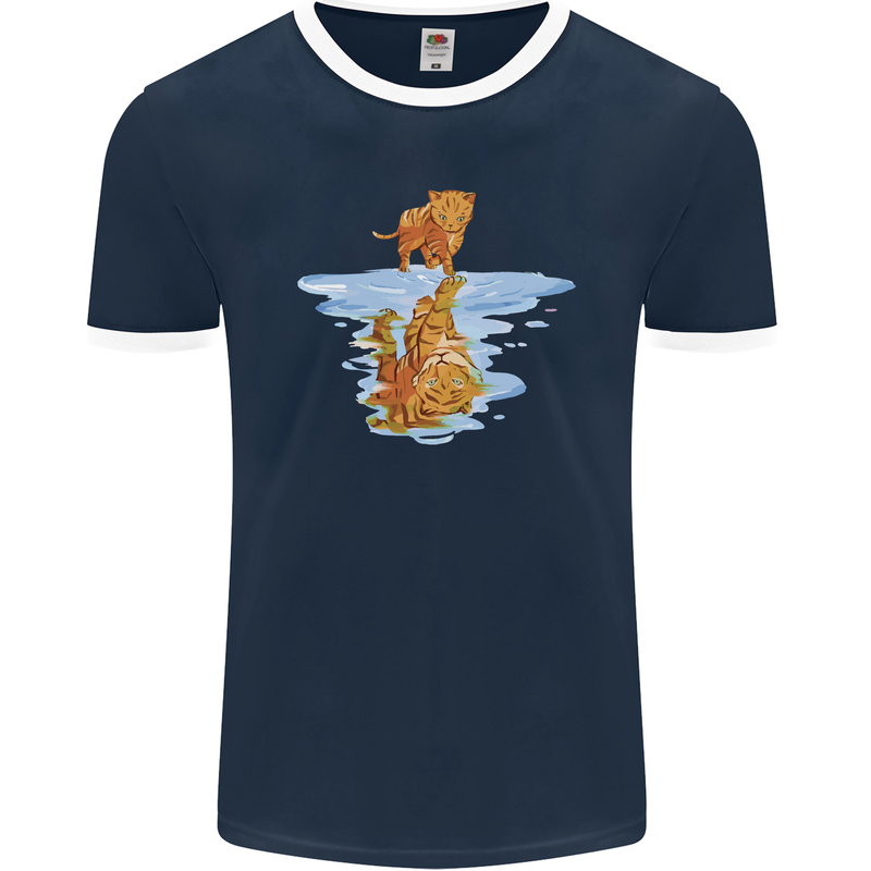 Funny Tiger Cat Reflection Mens Ringer T-Shirt FotL Navy Blue/White