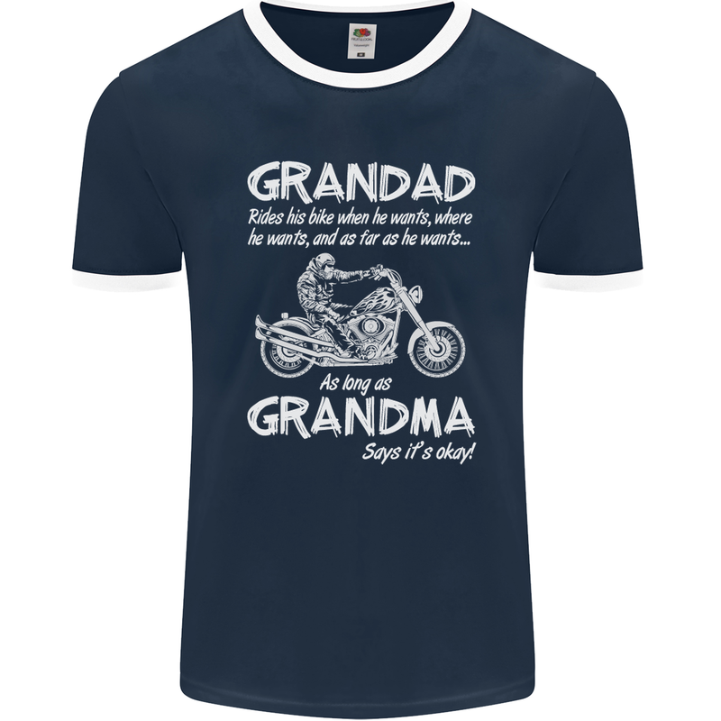 Grandad Grandma Biker Motorcycle Motorbike Mens Ringer T-Shirt FotL Navy Blue/White