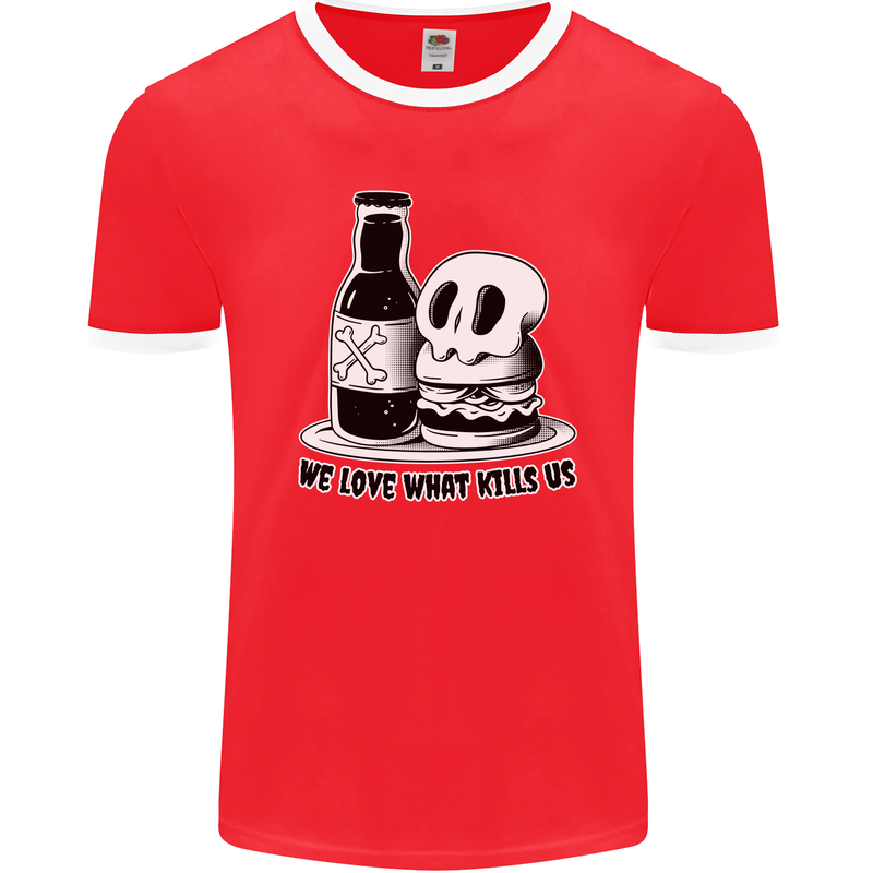 What We Love Kills Us Burger Food Skull Mens Ringer T-Shirt FotL Red/White