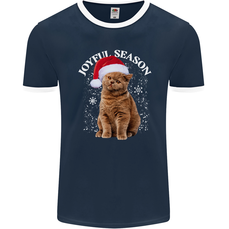 Joyful Season Christmas Funny Cat Xmas Mens Ringer T-Shirt FotL Navy Blue/White