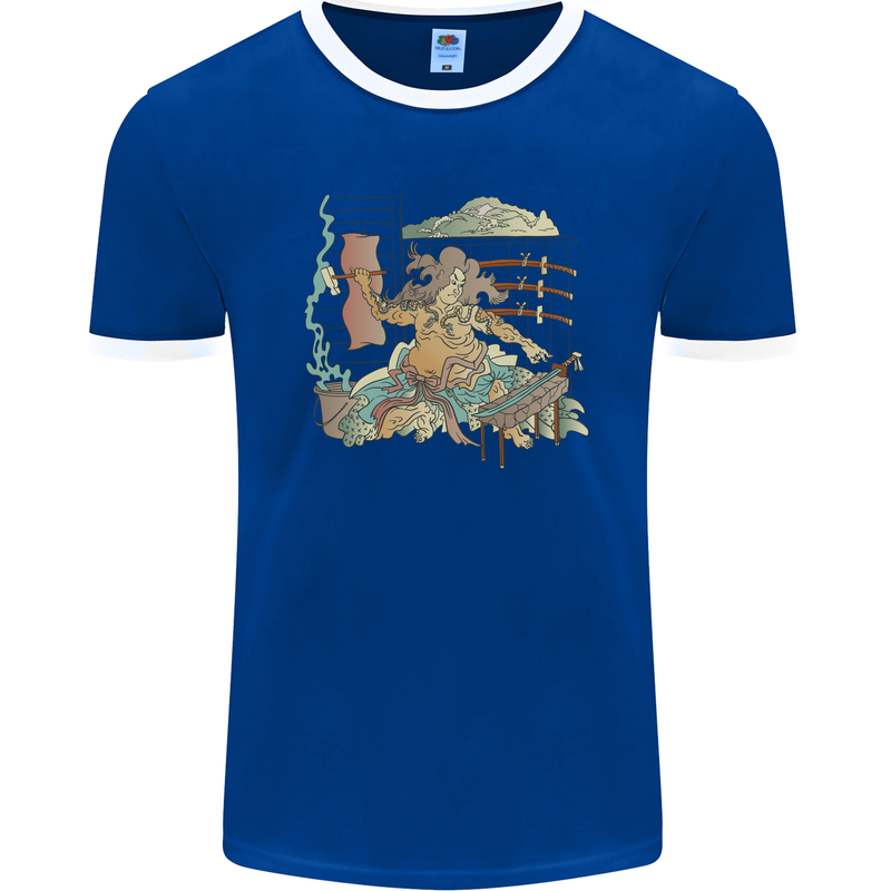 Katana Blacksmith Japanese Samurai Sword Mens Ringer T-Shirt FotL Royal Blue/White