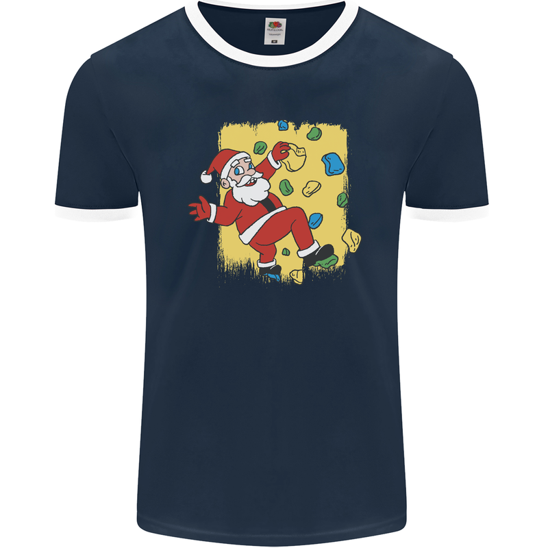 Rock Climbing Santa Funny Christmas Climber Mens Ringer T-Shirt FotL Navy Blue/White