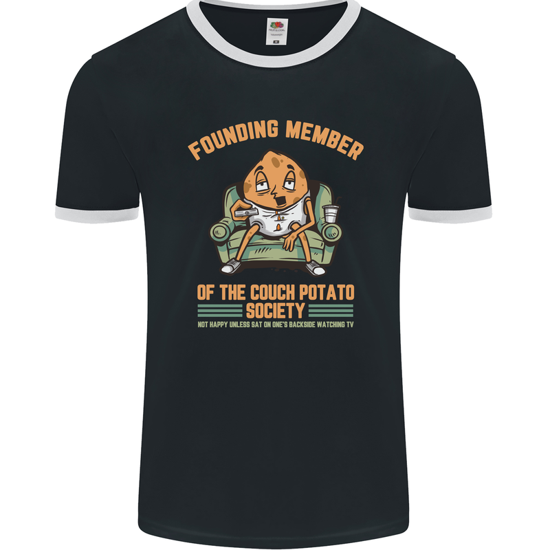 Funny Lazy Couch Potato Watchng TV & Movies Mens Ringer T-Shirt FotL Black/White