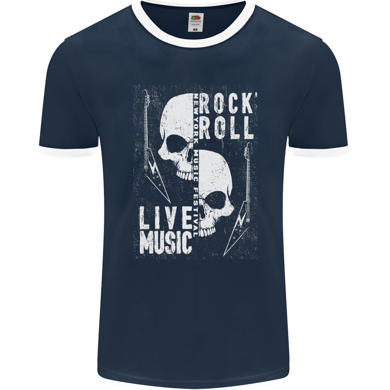 Rock n Roll Live Music Skull Guitar Mens Ringer T-Shirt FotL Navy Blue/White