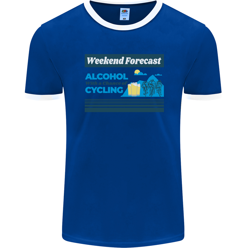 Cycling Weekend Forecast Funny Beer Alcohol Mens Ringer T-Shirt FotL Royal Blue/White