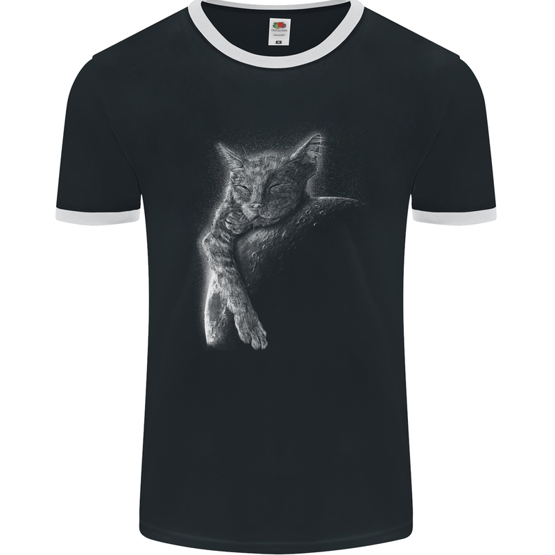 A Cat Sleeping on the Moon Mens Ringer T-Shirt FotL Black/White