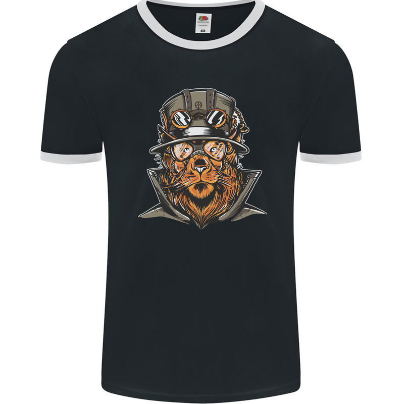 Steampunk Lion Mens Ringer T-Shirt FotL Black/White