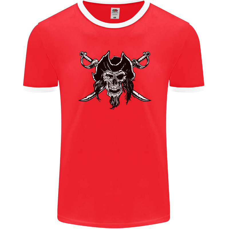 Pirate & Swords Skull Captain Jolly Roger Mens Ringer T-Shirt FotL Red/White