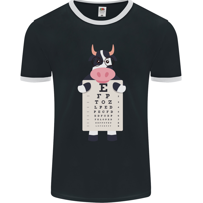 A Cow Holding a Snellen Eye Chart Glasses Mens Ringer T-Shirt FotL Black/White