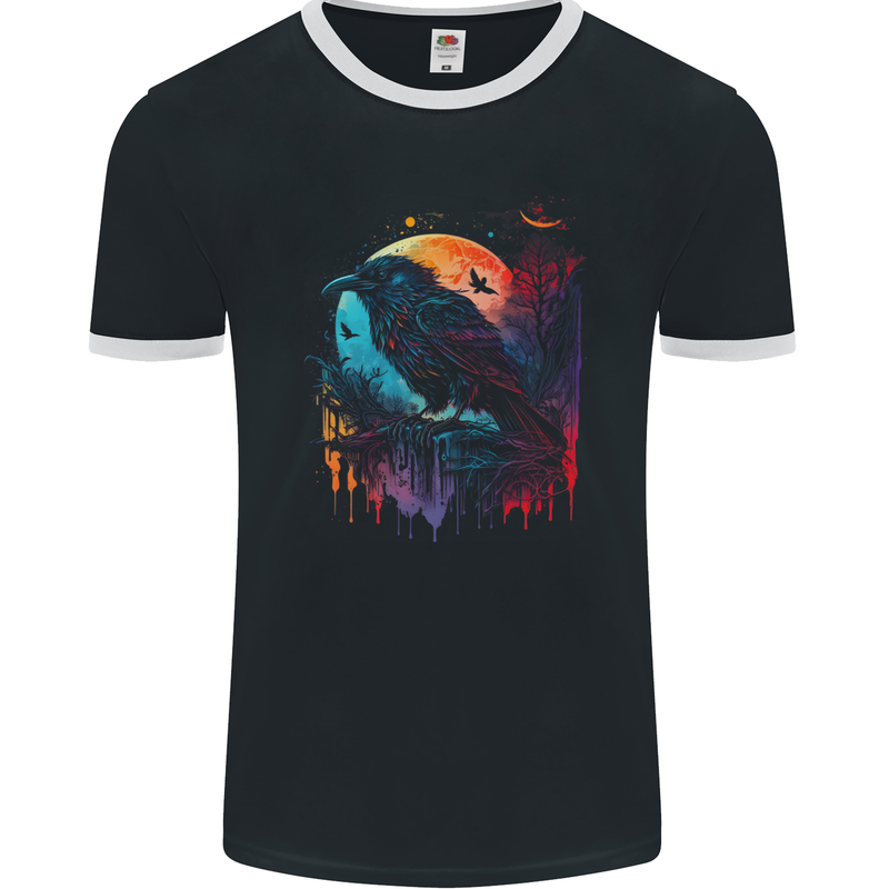 A Crow With a Fantasy Moon Mens Ringer T-Shirt FotL Black/White