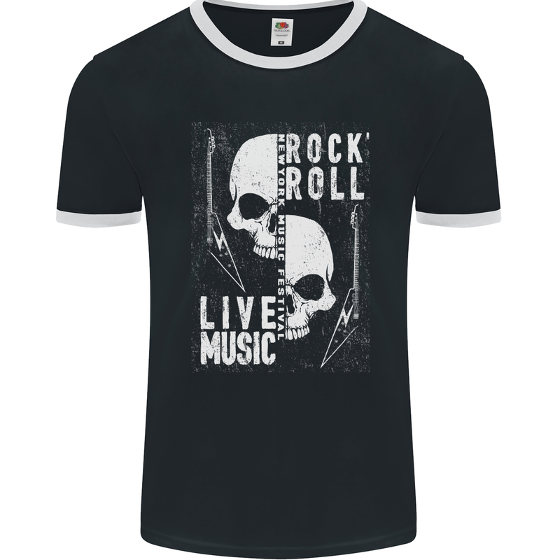 Rock n Roll Live Music Skull Guitar Mens Ringer T-Shirt FotL Black/White