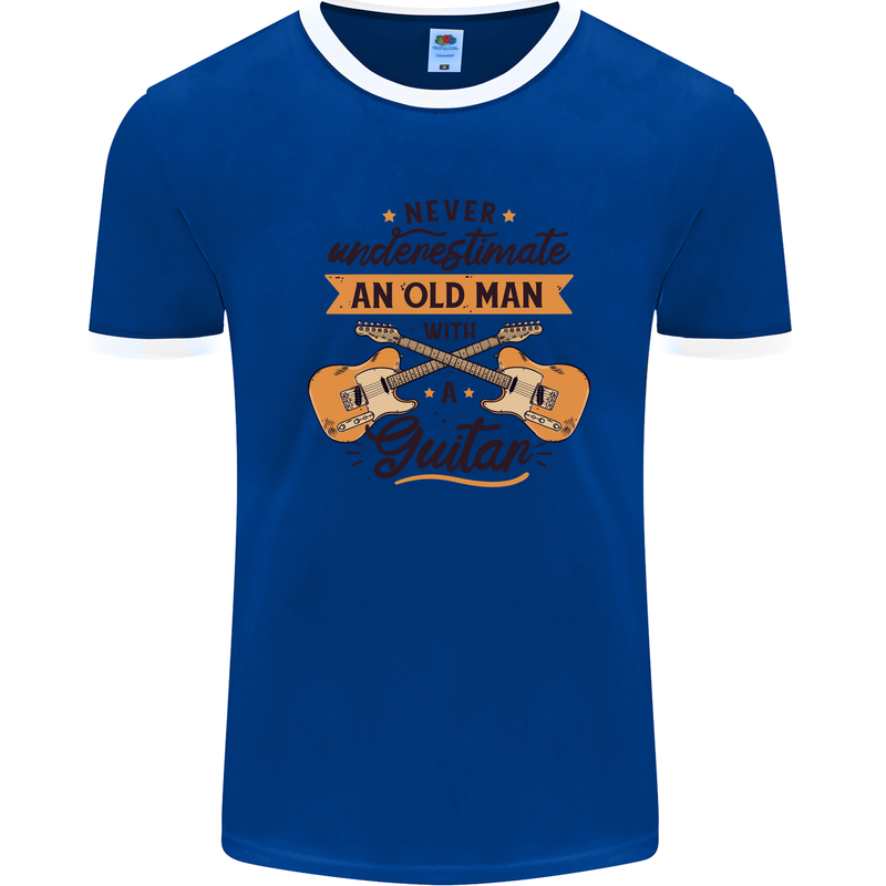 Never Underestimate an Old Man Guitar Mens White Ringer T-Shirt Royal Blue/White