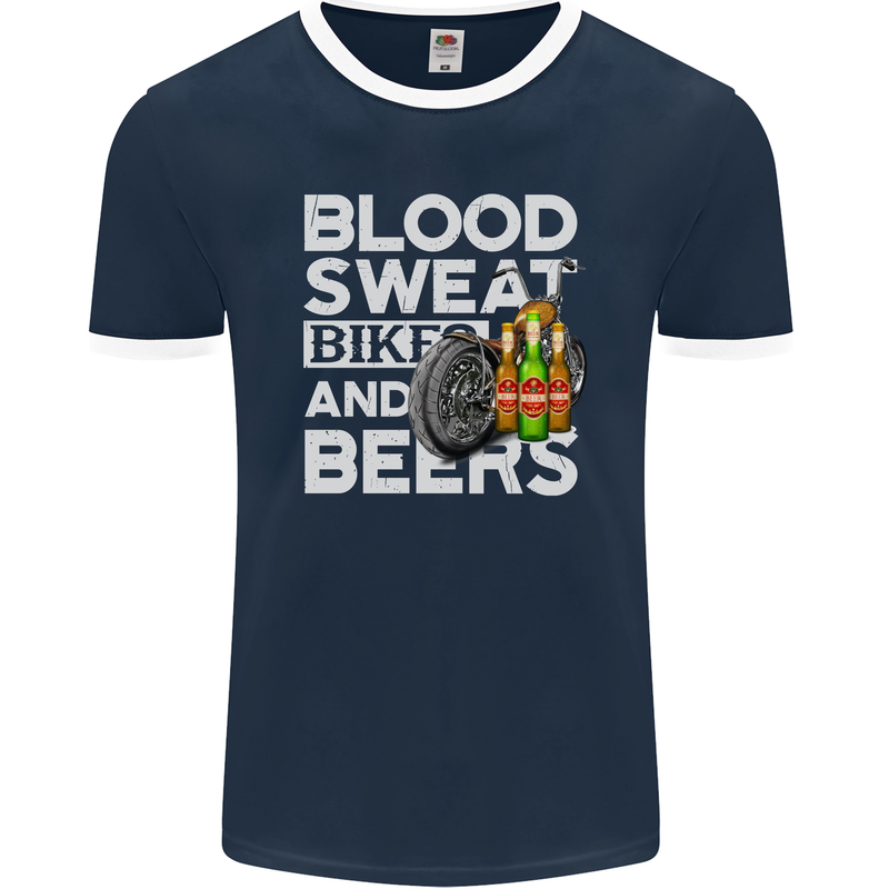 Blood Sweat Bikes & Beer Funny Motorcycle Mens Ringer T-Shirt FotL Navy Blue/White