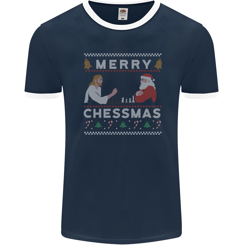 Merry Chessmass Funny Chess Player Mens Ringer T-Shirt FotL Navy Blue/White