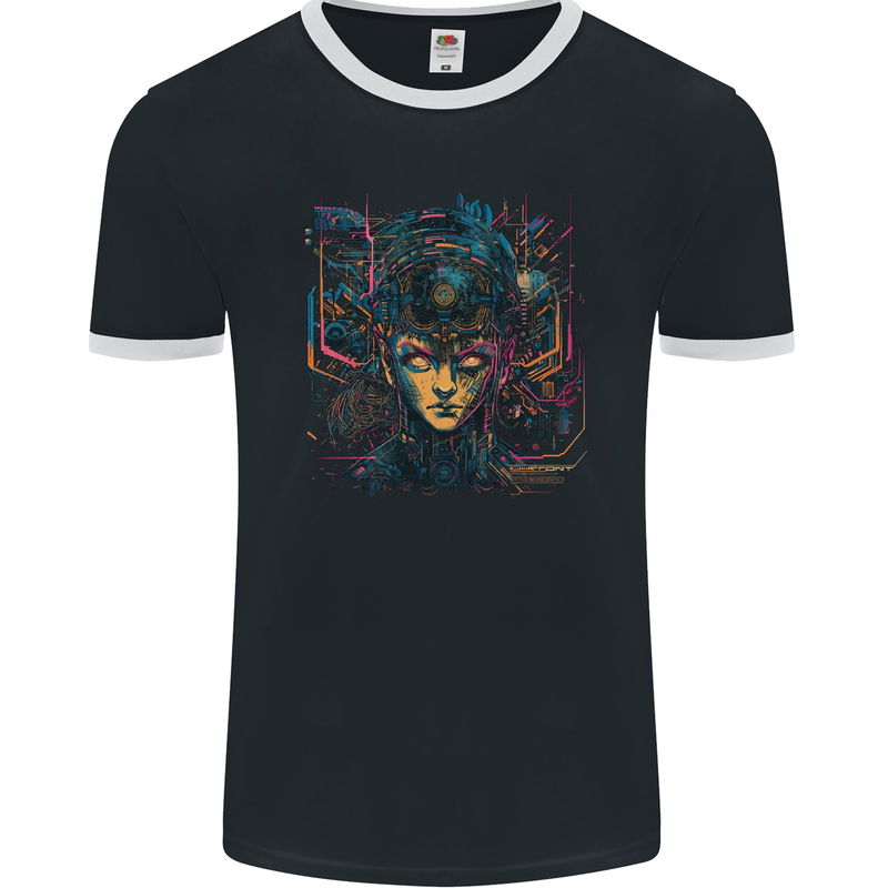 Futuristic Cyberpunk Girl Crypto Alien, Mens Ringer T-Shirt FotL Black/White