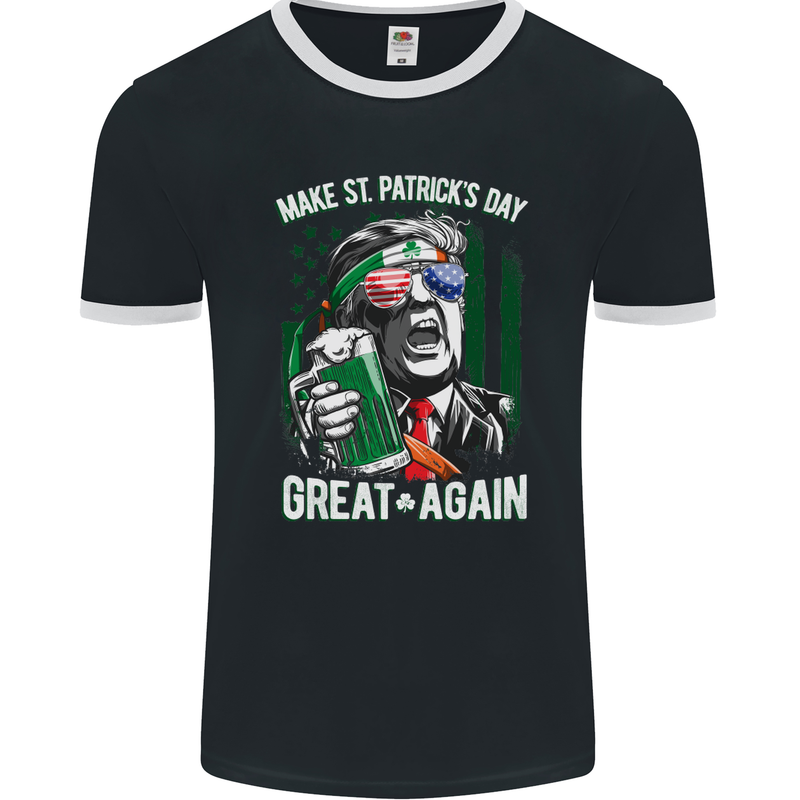 St Patricks Day Great Again Donald Trump Mens Ringer T-Shirt FotL Black/White